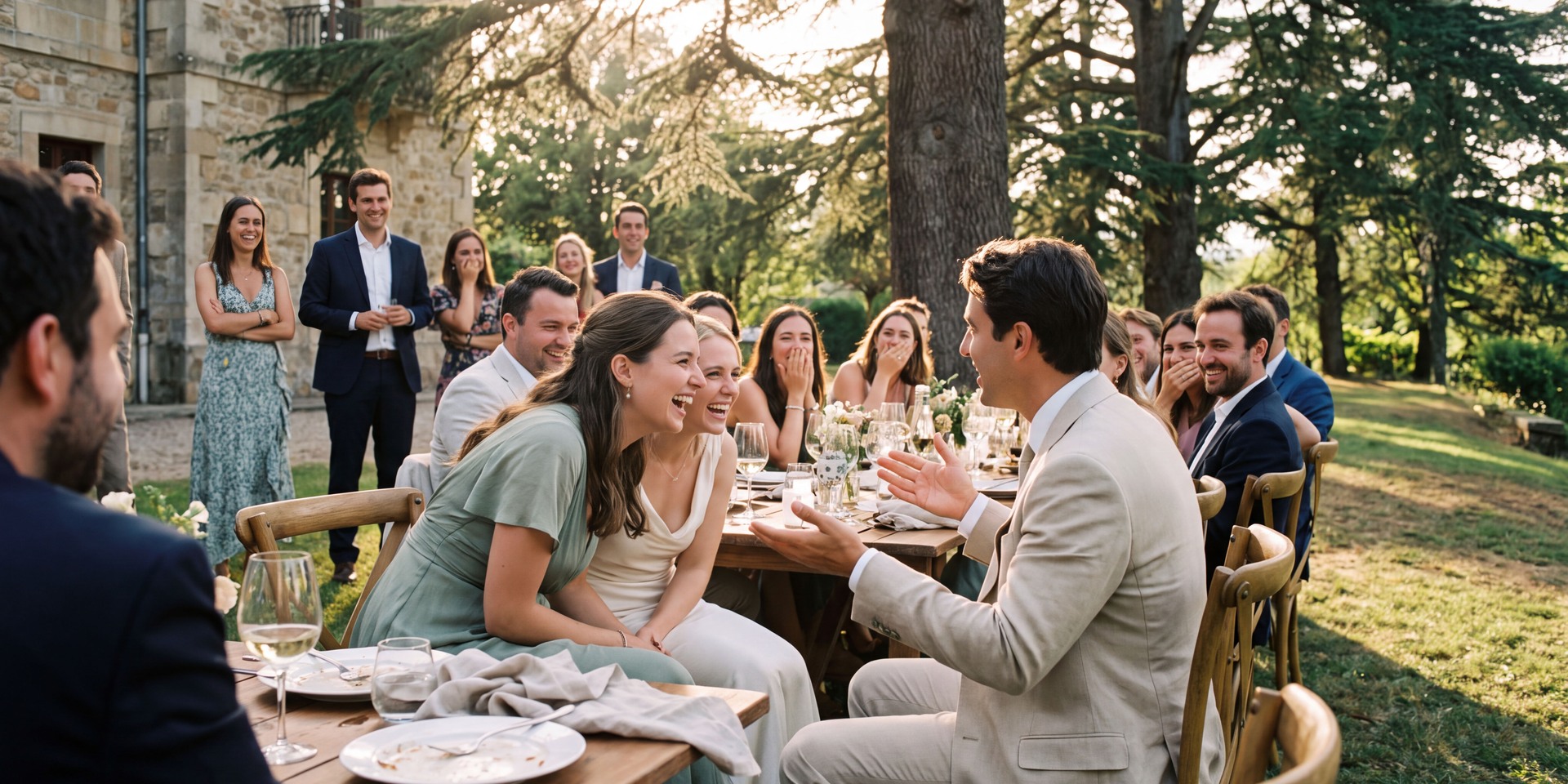 Family and friends talking around a table